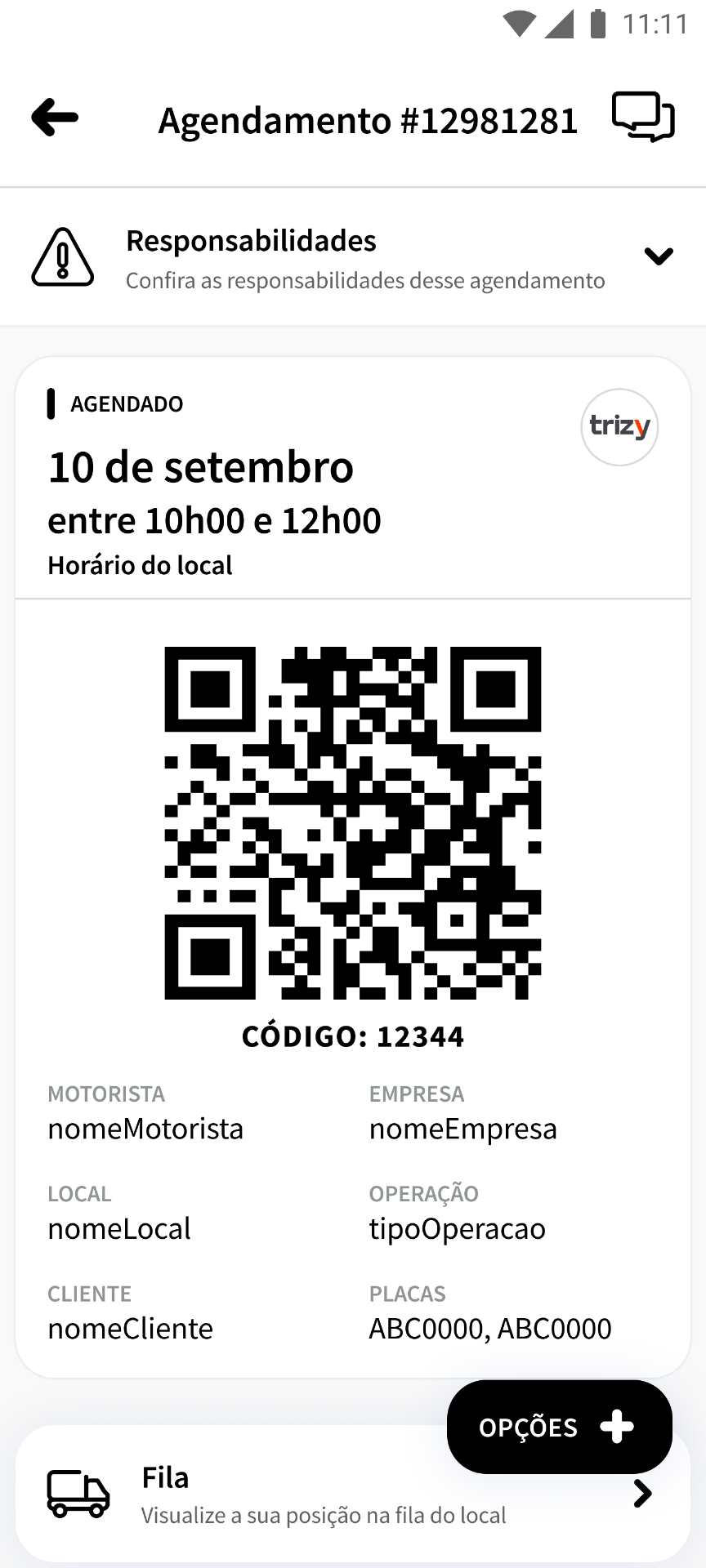 Tela de agendamento com QR Code no Trizy