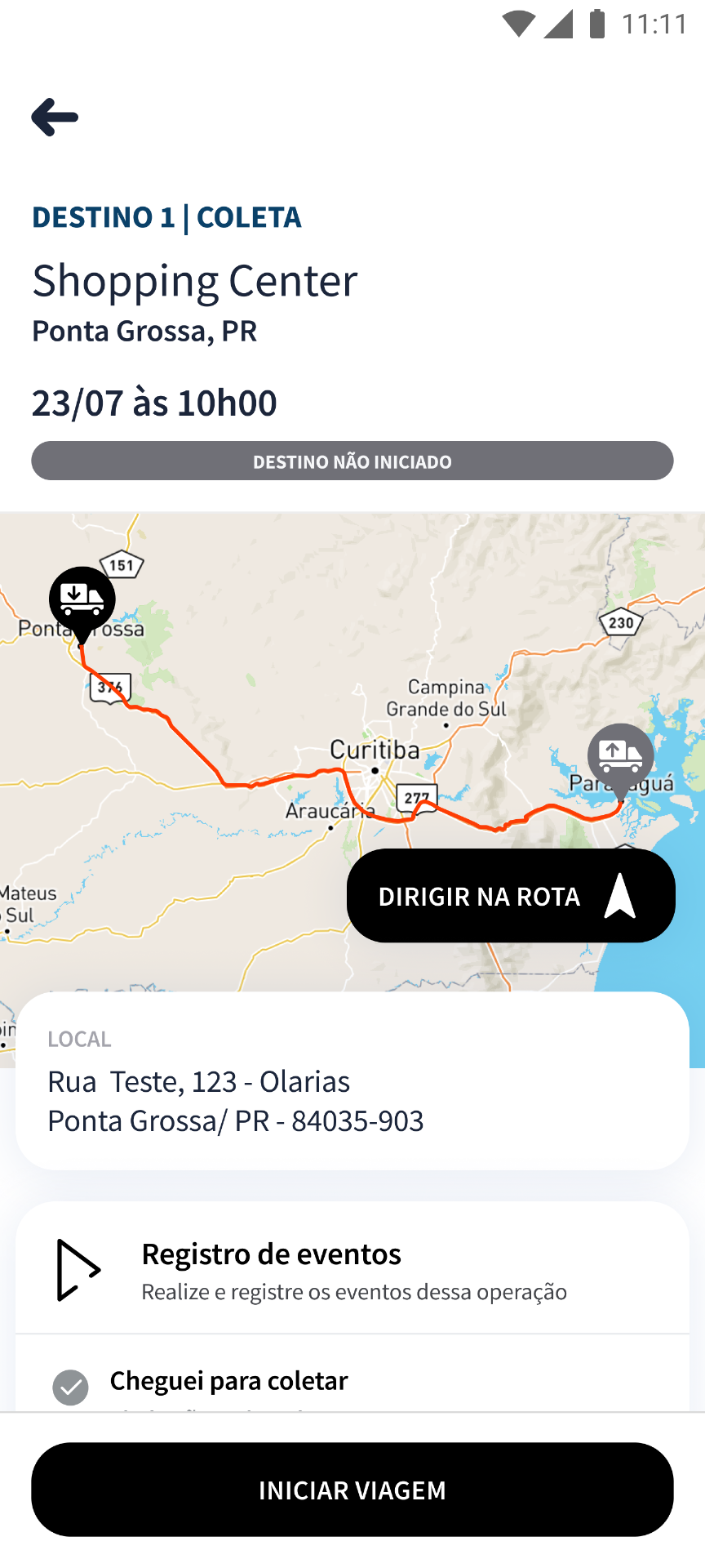 Tela de viagem com rota no Trizy