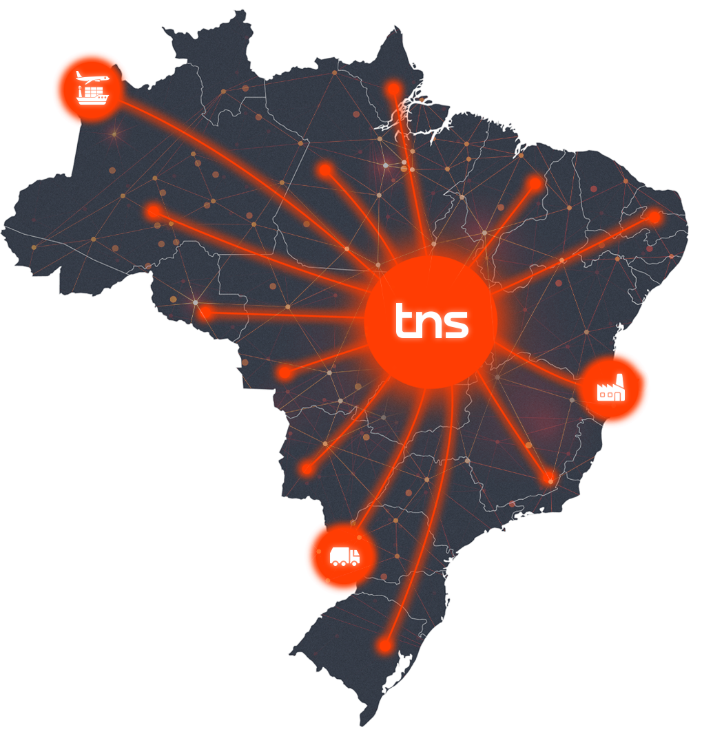 Mapa do Brasil mostrando a TNS no centro conectada a portos, fábricas e transportadoras